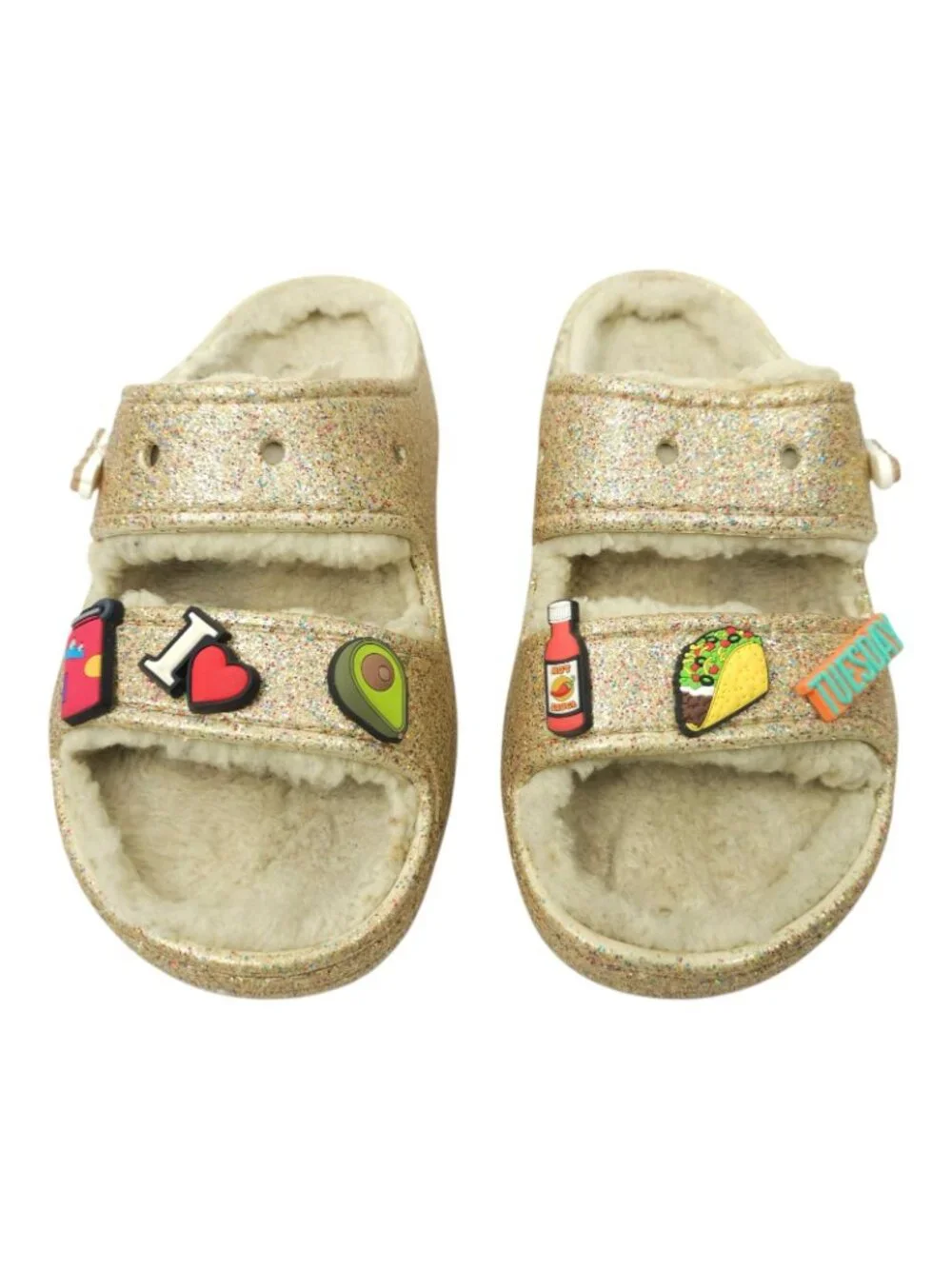 Crocs Classic Cozzzy Glitter Sandals Women 7 Gold Fuzzy Lined Slide Taco Jibbitz